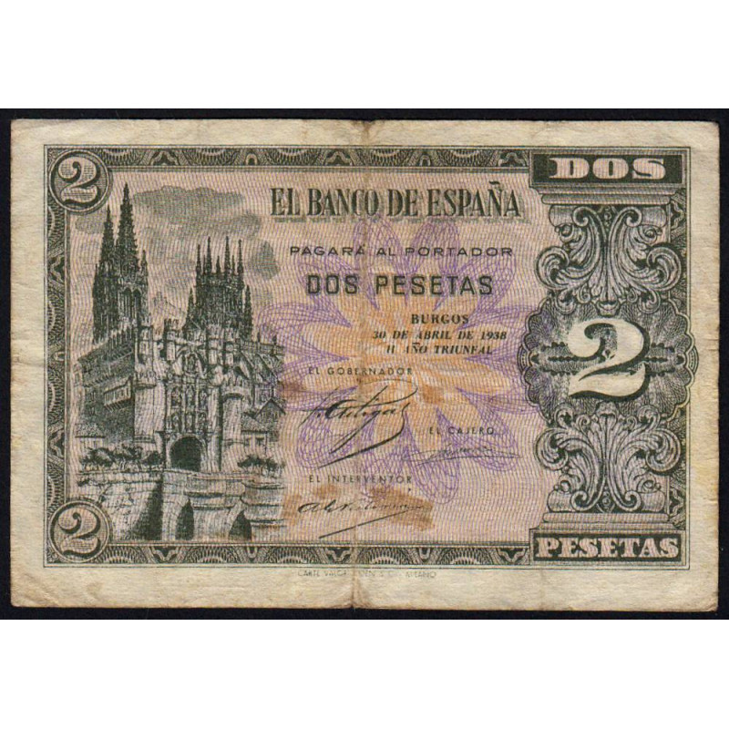 Espagne - Pick 109 - 2 pesetas - 30/04/1938 - Série C - Etat : TB