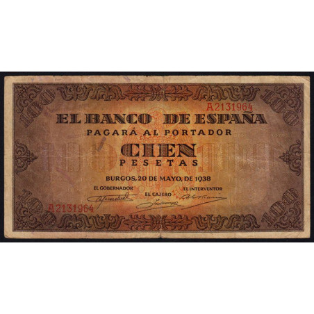 Espagne - Pick 113 - 100 pesetas - 20/05/1938 - Série A - Etat : TB