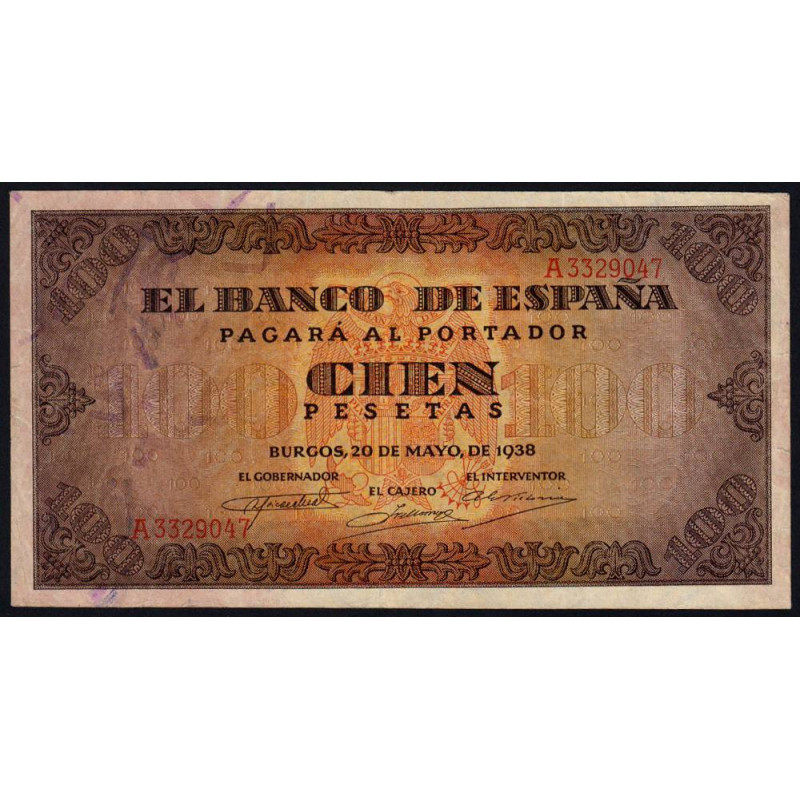 Espagne - Pick 113 - 100 pesetas - 20/05/1938 - Série A - Etat : TTB+