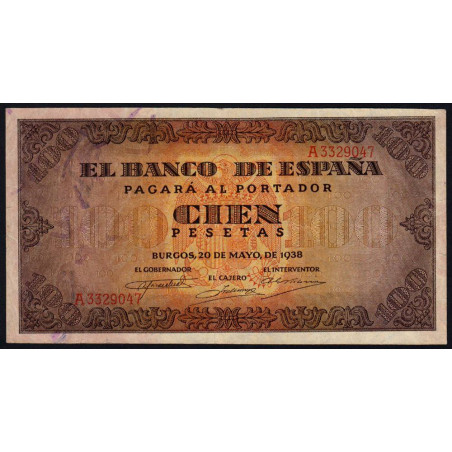 Espagne - Pick 113 - 100 pesetas - 20/05/1938 - Série A - Etat : TTB+