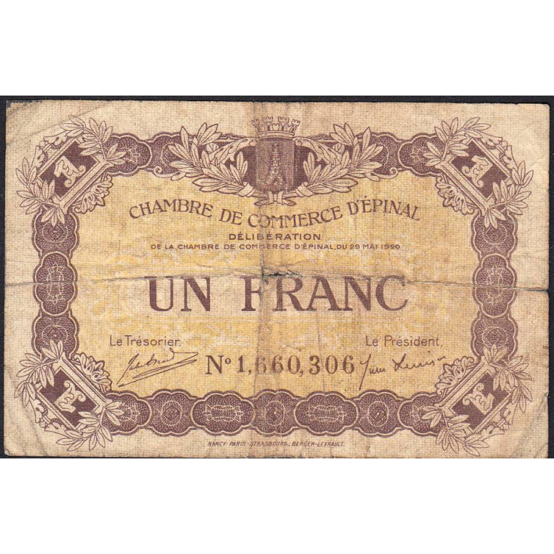 Epinal - Pirot 56-10a - 1 franc - Chiffre 1 - 1920 - Etat : B