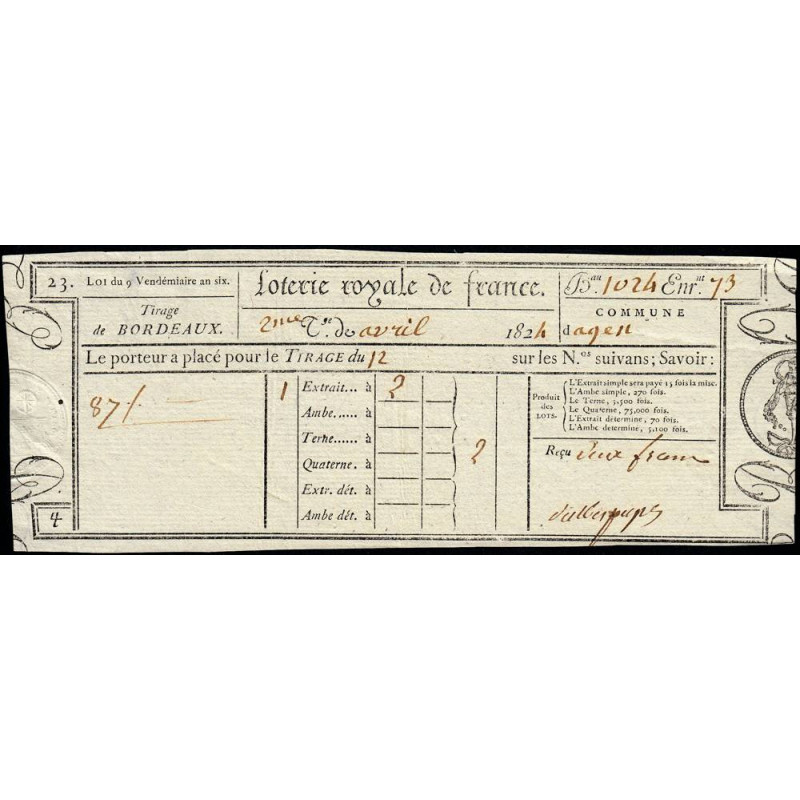 1824 - Bordeaux - Agen - Loterie Royale de France - 2 francs - Etat : SUP