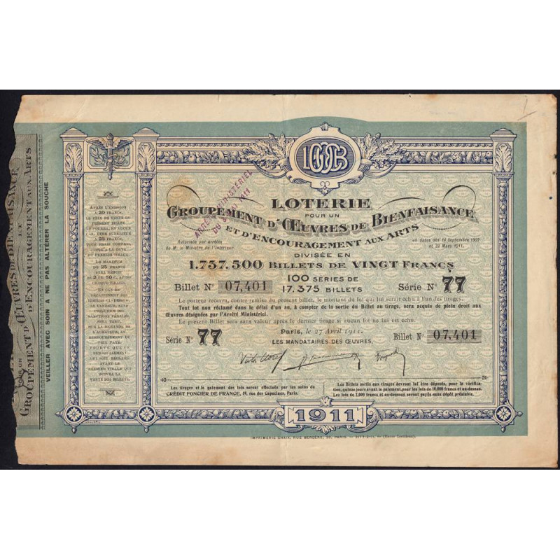 1911 - Paris - Loterie - Groupement d'Oeuvres de Bienfaisance - 20 francs - Etat : TB+