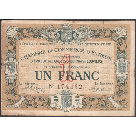 Evreux (Eure) - Pirot 57-1 - 1 franc - 09/12/1915 - Etat : B+