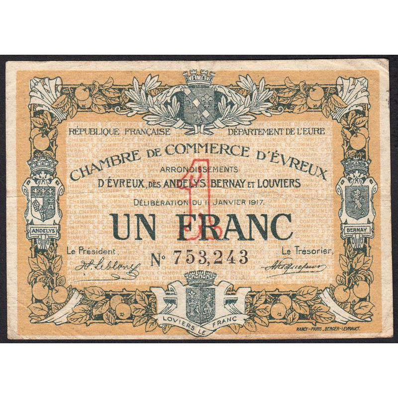 Evreux (Eure) - Pirot 57-11 - 1 franc - 11/01/1917 - Etat : TB+