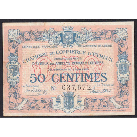 Evreux (Eure) - Pirot 57-16 - 50 centimes - 07/06/1920 - Etat : TB