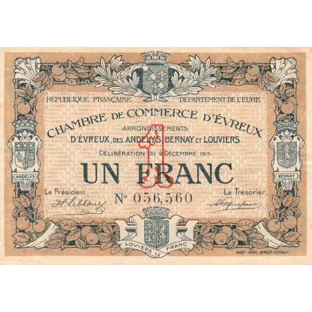 Evreux (Eure) - Pirot 57-1 - 1 franc - 09/12/1915 - Etat : TB+