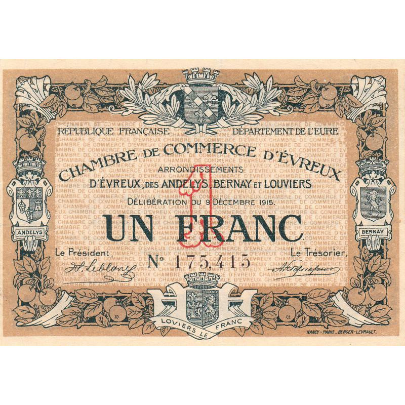 Evreux (Eure) - Pirot 57-1 - 1 franc - 09/12/1915 - Etat : TTB
