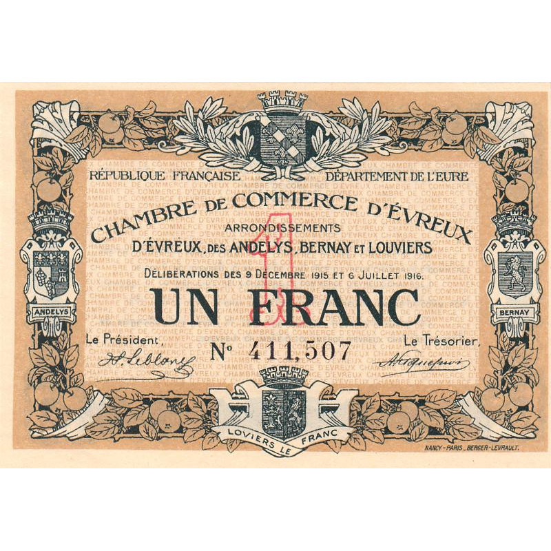 Evreux (Eure) - Pirot 57-9 - 1 franc - 06/07/1916 - Etat : SPL+