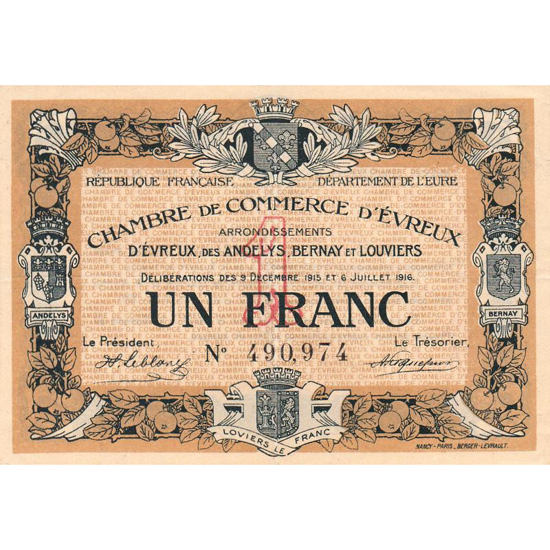 Evreux (Eure) - Pirot 57-9 - 1 franc - 06/07/1916 - Etat : TTB