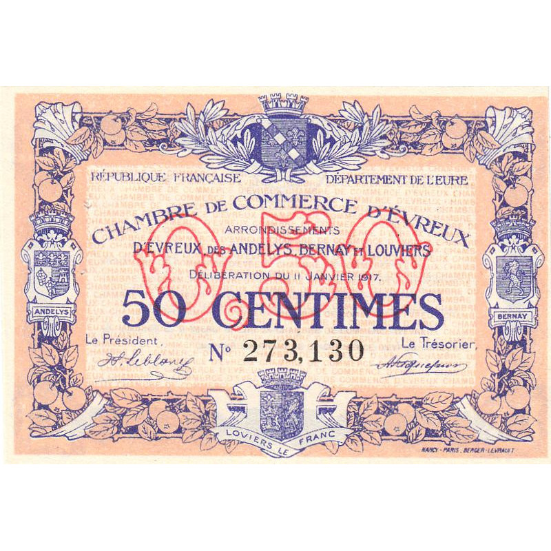 Evreux (Eure) - Pirot 57-10 - 50 centimes - 11/01/1917 - Etat : SUP