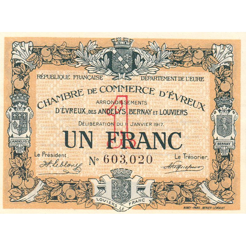 Evreux (Eure) - Pirot 57-11 - 1 franc - 11/01/1917 - Etat : SPL+