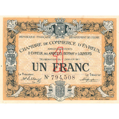 Evreux (Eure) - Pirot 57-11 - 1 franc - 11/01/1917 - Etat : SUP