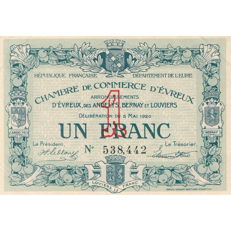 Evreux (Eure) - Pirot 57-15 - 1 franc - 05/05/1920 - Etat : SUP+