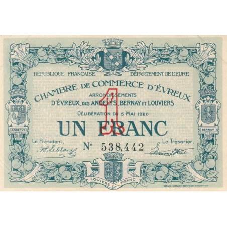 Evreux (Eure) - Pirot 57-15 - 1 franc - 05/05/1920 - Etat : SUP+