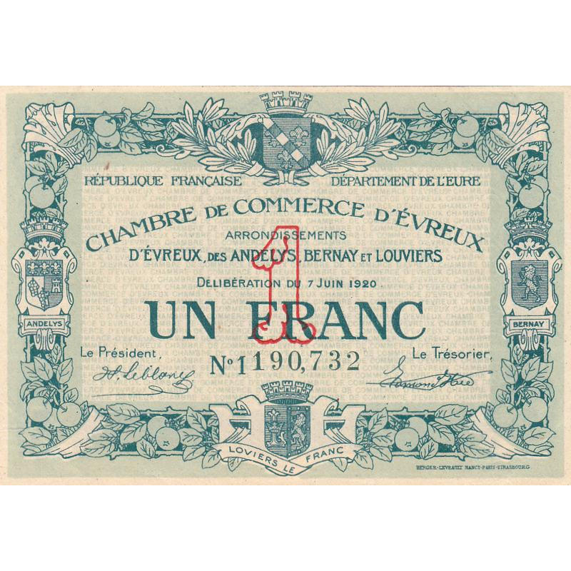 Evreux (Eure) - Pirot 57-17 - 1 franc- Chiffre 1 - 07/06/1920 - Etat : SUP+