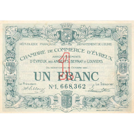 Evreux (Eure) - Pirot 57-19a - 1 franc- Chiffre 1 - 28/10/1920 - Etat : TTB+