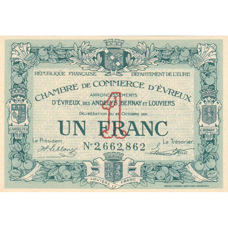 Billet des chambres de commerce Evreux (Eure) 1 franc