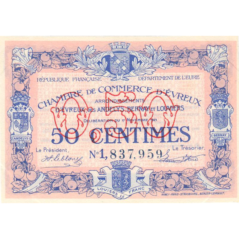 Evreux (Eure) - Pirot 57-21a - 50 centimes- Chiffre 1 - 17/11/1921 - Etat : SUP