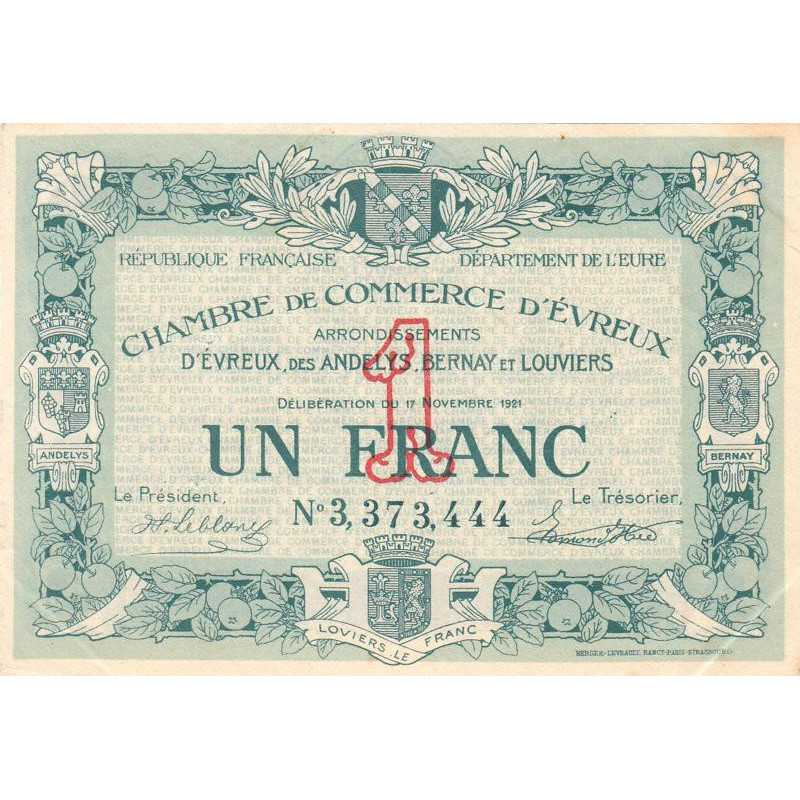 Evreux (Eure) - Pirot 57-23 - 1 franc- Chiffre 3 - 17/11/1921 - Etat : SUP