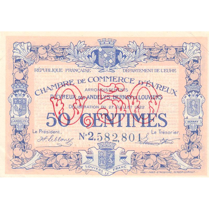 Evreux (Eure) - Pirot 57-25 - 50 centimes- Chiffre 2 - 27/07/1922 - Etat : SUP+