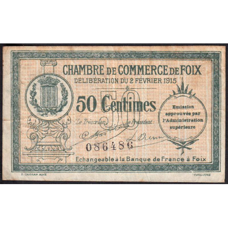 Foix - Pirot 59-5 variété - 50 centimes - 02/02/1915 - Etat : TB