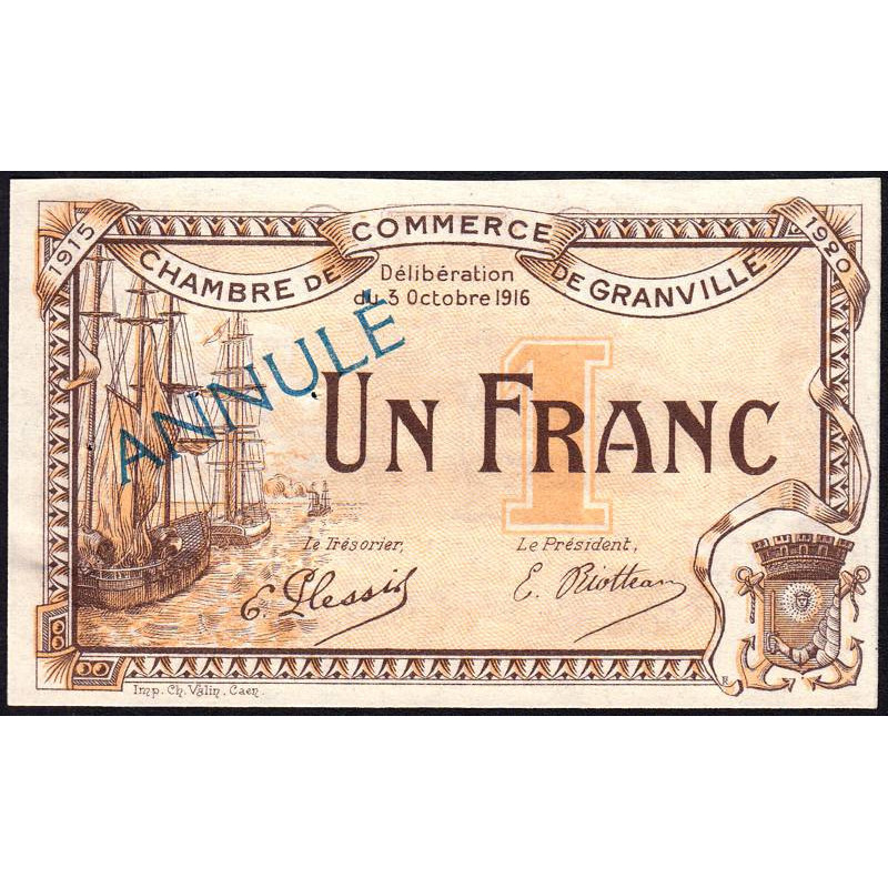 Granville - Pirot 60-10- 1 franc - 03/10/1916 - Annulé - Etat : SUP+