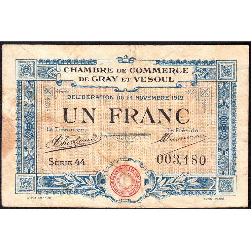 Gray & Vesoul - Pirot 62-13 - 1 franc - Série 44 - 1919 - Etat : B+