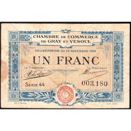 Gray & Vesoul - Pirot 62-13 - 1 franc - Série 44 - 1919 - Etat : B+