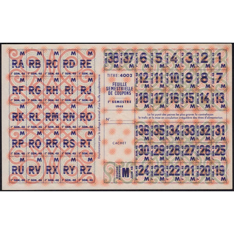 1948 - Titre 4002 - Feuille semestrielle de coupons - Catégorie M - Etat : SUP+