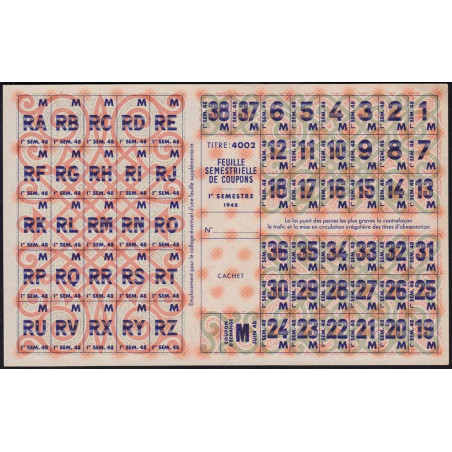 1948 - Titre 4002 - Feuille semestrielle de coupons - Catégorie M - Etat : SUP+