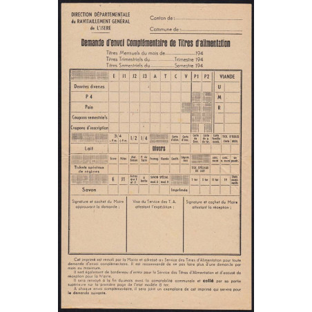 Demande d'envoi complémentaire de Titres d'alimentation - 1948 - Isère (38) - Etat : SUP