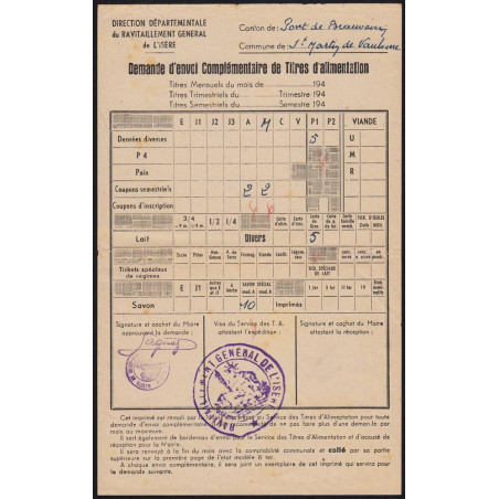 Demande d'envoi complémentaire de Titres d'alimentation - 1948 - Pont-de-Beauv. (38) - Etat : TTB+