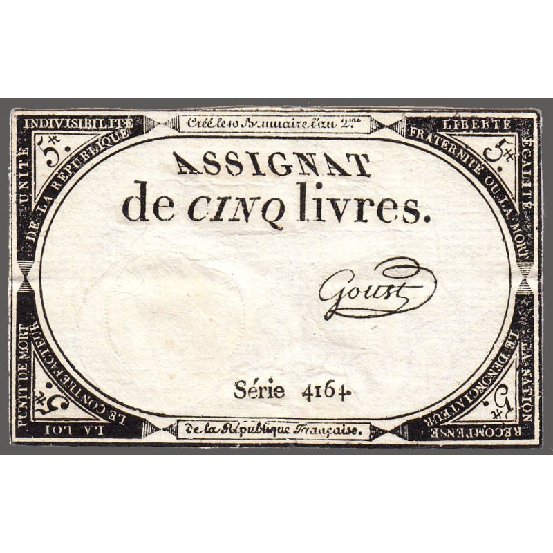 Assignat 46a - 5 livres - 10 brumaire an 2 - Signature 55 - Etat : TTB