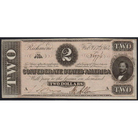 Etats Conf. d'Amérique - Pick 66b - 2 dollars - Lettre A - 17/02/1864 - Etat : pr.NEUF