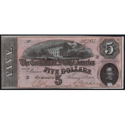 Etats Conf. d'Amérique - Pick 67 - 5 dollars - Lettre B - Série 6 - 17/02/1864 - Etat : pr.NEUF