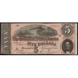 Etats Conf. d'Amérique - Pick 67 - 5 dollars - Lettre D - Série 6 - 17/02/1864 - Etat : SPL