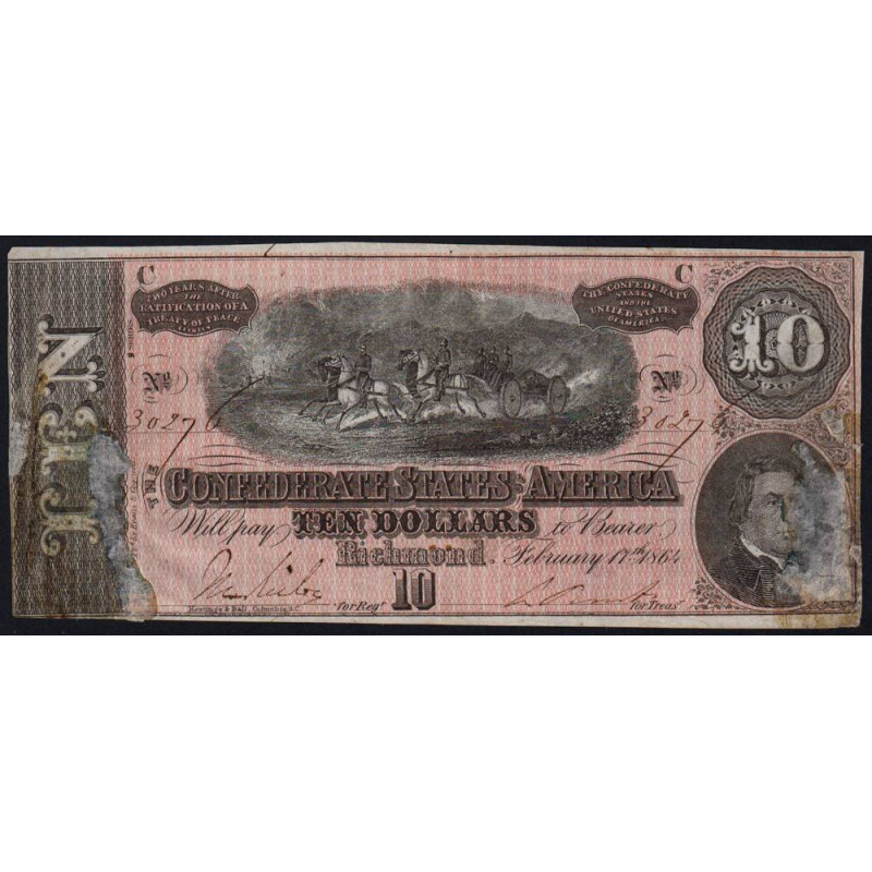 Etats Conf. d'Amérique - Pick 68 - 10 dollars - Lettre C - Série 8 - 17/02/1864 - Etat : B
