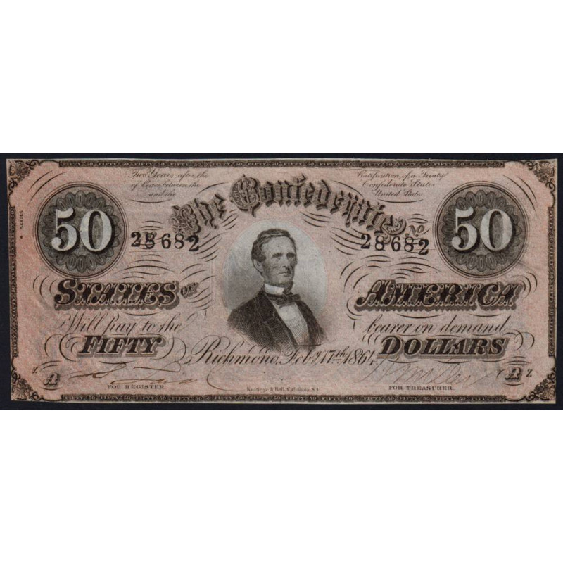 Etats Conf. d'Amérique - Pick 70 - 50 dollars - Lettre A - Série 4 - 17/02/1864 - Etat : SUP