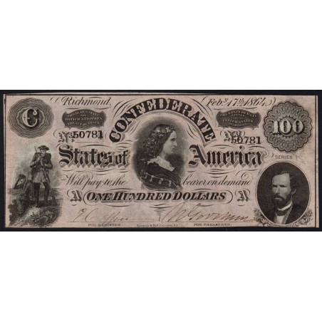 Etats Conf. d'Amérique - Pick 71 - 100 dollars - Lettre A - Série 1 - 17/02/1864 - Etat : SUP+