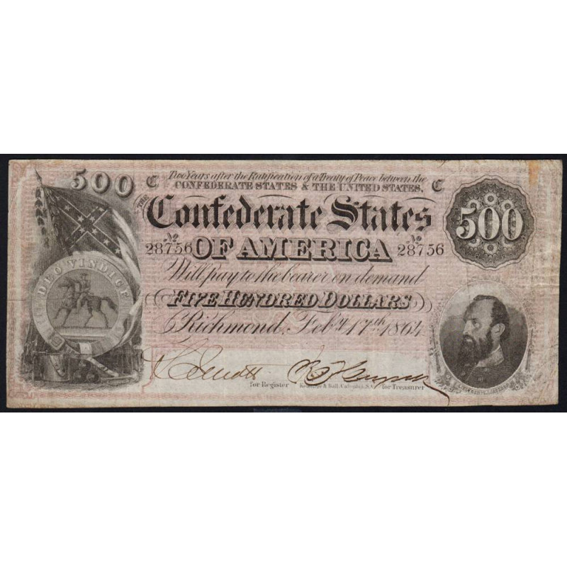 Etats Conf. d'Amérique - Pick 73 - 500 dollars - Lettre C - Sans série - 17/02/1864 - Etat : TB+