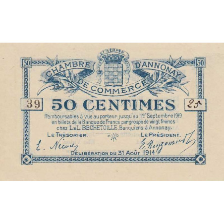 Annonay - Pirot 11-7 - 50 centimes - Série 39 - 31/08/1914 - Etat : SPL