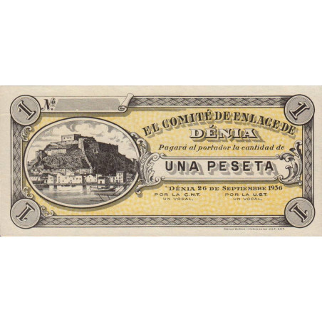 Espagne - Dénia - Pick non rép. - 1 peseta - 26/09/1936 - Etat : SPL