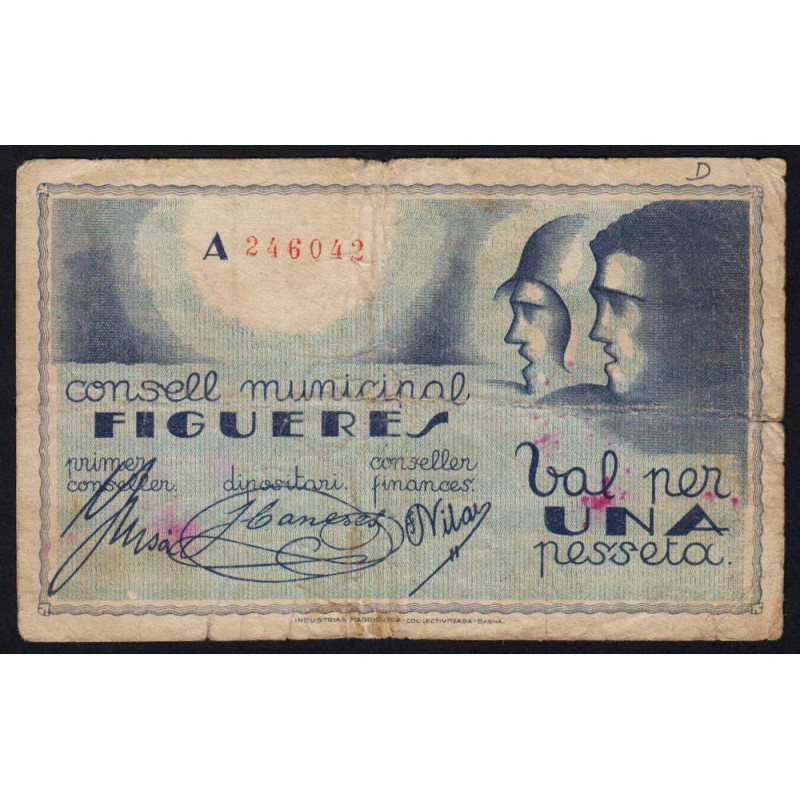 Espagne - Figueres - Pick non rép. - 1 pesseta - 03/1937 - Etat : TB