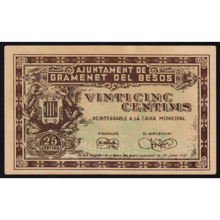 Espagne - Gramenet del Besos - Pick non rép. - 25 centims - 30/07/1937 - Belle variété - Etat : SUP+
