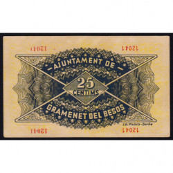 Espagne - Gramenet del Besos - Pick non rép. - 25 centims - 30/07/1937 - Belle variété - Etat : SUP+