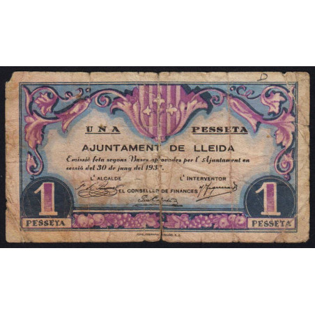 Espagne - Lleida - Pick non rép. - 1 pesseta - 30/06/1937 - Etat : B