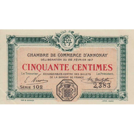 Annonay - Pirot 11-9 - 50 centimes - Série 102 - 22/02/1917 - Etat : SPL