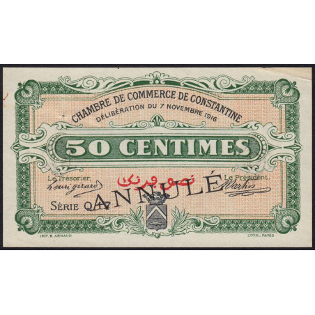 Algérie - Constantine 140-7 annulé - 1 franc - Série Q 17 - 07/11/1916 - Etat : TTB+