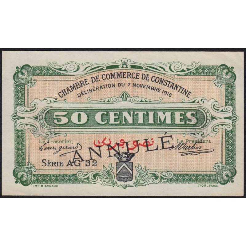 Algérie - Constantine 140-9 annulé - 1 franc - Série AG 32 - 07/11/1916 - Etat : SUP+